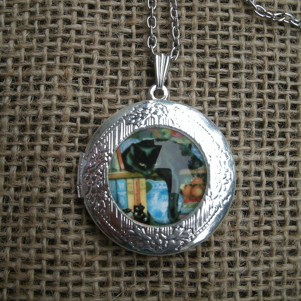 Black Cat & Bookshelf Locket Pendant Necklace